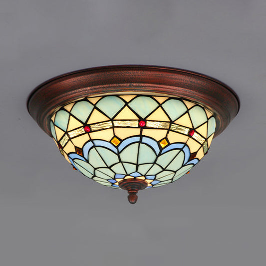 Bowl Shape Ceiling Light Fixture Lodge Stained Glass 1 Bulb Flushmount Ceiling Light in White/Blue/Light Blue/Clear/Blue-White/Dark Blue Light Blue Clearhalo 'Ceiling Lights' 'Close To Ceiling Lights' 'Close to ceiling' 'Flush mount' Lighting' 92816