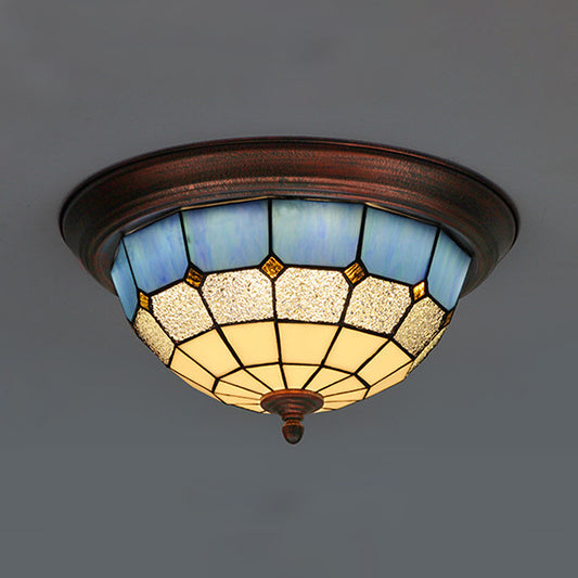 Bowl Shape Ceiling Light Fixture Lodge Stained Glass 1 Bulb Flushmount Ceiling Light in White/Blue/Light Blue/Clear/Blue-White/Dark Blue Clear Clearhalo 'Ceiling Lights' 'Close To Ceiling Lights' 'Close to ceiling' 'Flush mount' Lighting' 92818