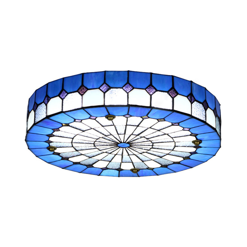 Round Flushmount Light Rustic Stained Glass Flushmount Ceiling Light in Blue for Bedroom Clearhalo 'Ceiling Lights' 'Close To Ceiling Lights' 'Close to ceiling' 'Flush mount' Lighting' 92854