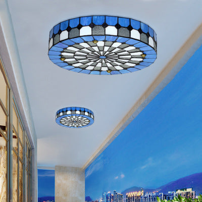 Round Flushmount Light Rustic Stained Glass Flushmount Ceiling Light in Blue for Bedroom Blue Clearhalo 'Ceiling Lights' 'Close To Ceiling Lights' 'Close to ceiling' 'Flush mount' Lighting' 92856