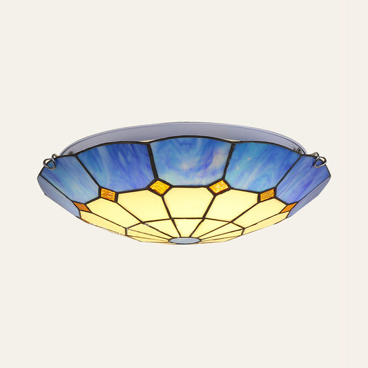 Blue Bowl-Shaped Ceiling Light Tiffany Stained Glass 3 Bulbs Flush Mount Ceiling Light for Dining Room Blue Clearhalo 'Ceiling Lights' 'Close To Ceiling Lights' 'Close to ceiling' 'Glass shade' 'Glass' 'Semi-flushmount' 'Tiffany close to ceiling' 'Tiffany' Lighting' 92871