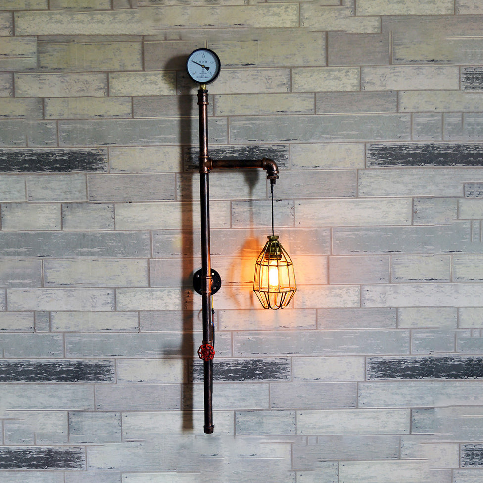Piping Restaurant Wall Sconce Lamp Warehouse Metallic 1 Light Antique Brass Wall Light with Wire Guard and Gauge Antique Brass Clearhalo 'Art deco wall lights' 'Cast Iron' 'Glass' 'Industrial wall lights' 'Industrial' 'Middle century wall lights' 'Modern' 'Rustic wall lights' 'Tiffany' 'Traditional wall lights' 'Wall Lamps & Sconces' 'Wall Lights' Lighting' 92877