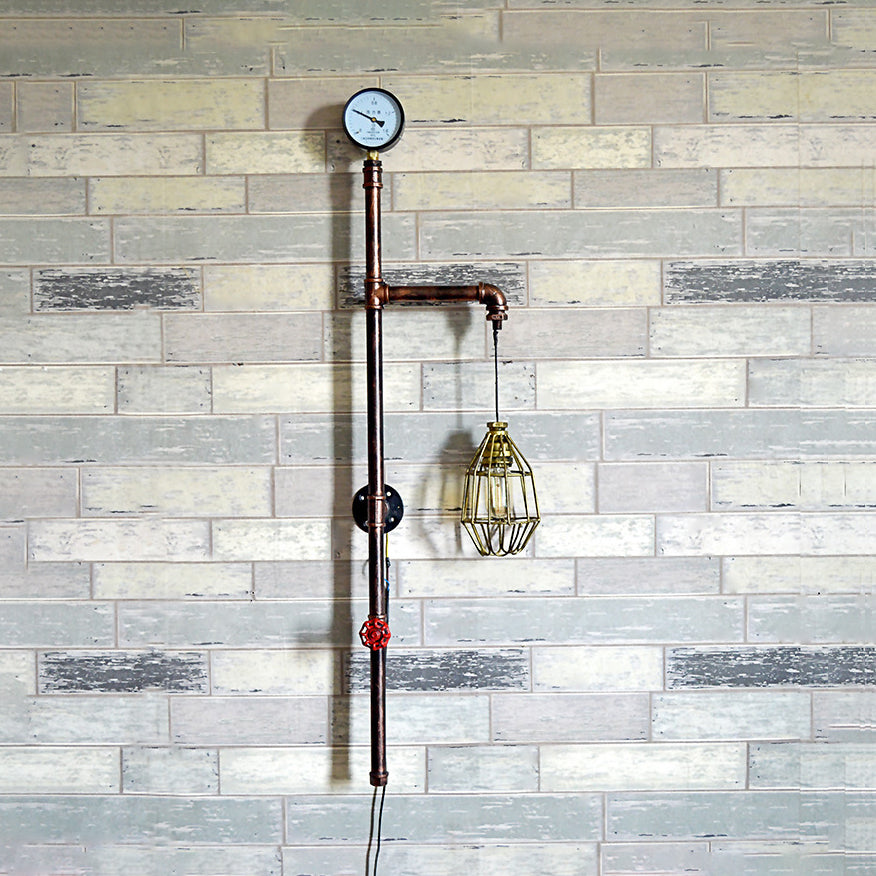 Piping Restaurant Wall Sconce Lamp Warehouse Metallic 1 Light Antique Brass Wall Light with Wire Guard and Gauge Clearhalo 'Art deco wall lights' 'Cast Iron' 'Glass' 'Industrial wall lights' 'Industrial' 'Middle century wall lights' 'Modern' 'Rustic wall lights' 'Tiffany' 'Traditional wall lights' 'Wall Lamps & Sconces' 'Wall Lights' Lighting' 92878
