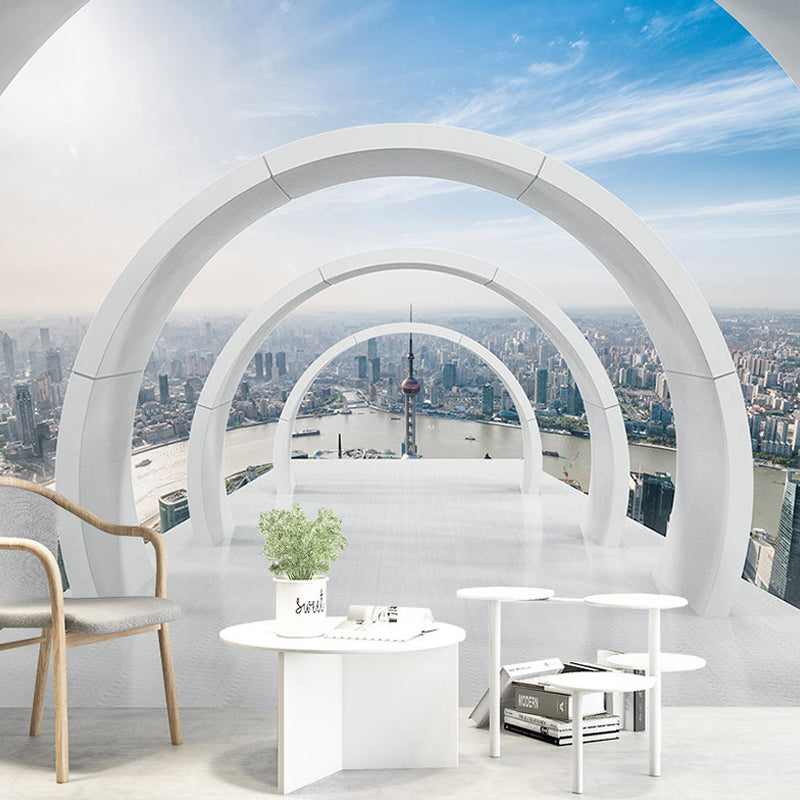 Decorative Non-Woven Mural Wallpaper Contemporary Open-Viewed 3D Stretched Tunnel Wall Decor for Office White Semicircle Clearhalo 'Wall Decor' 'Wall Mural' 929537