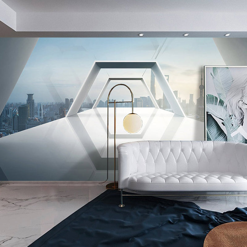 Decorative Non-Woven Mural Wallpaper Contemporary Open-Viewed 3D Stretched Tunnel Wall Decor for Office White Hexagon Clearhalo 'Wall Decor' 'Wall Mural' 929543