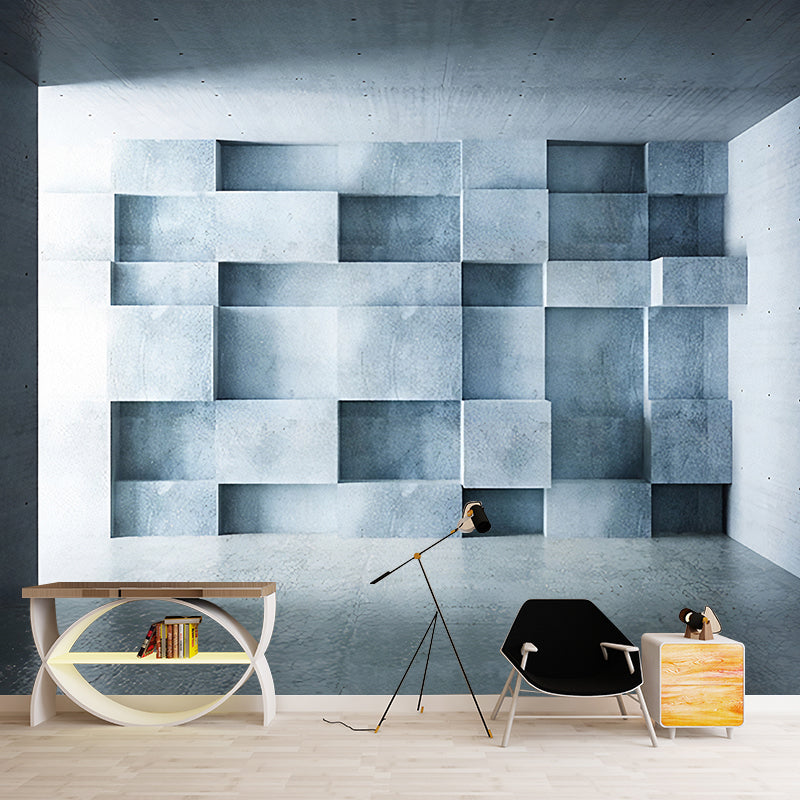 Extra Large Wall Covering Industrial Rustic Cement and 3D Geometries Wall Murals in Pastel Color Blue Clearhalo 'Wall Decor' 'Wall Mural' 929675