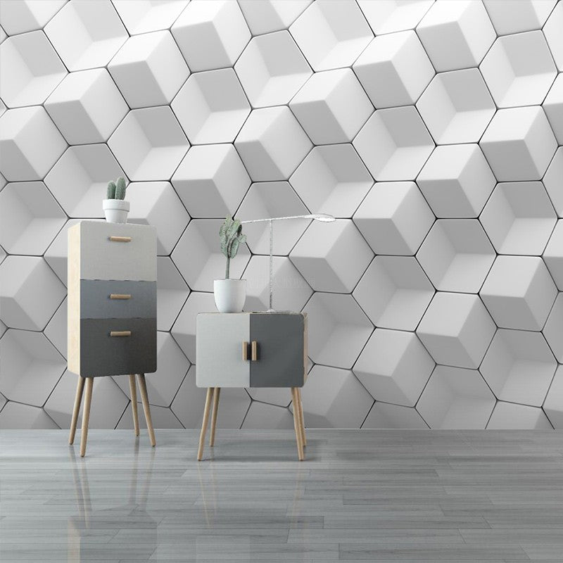 Full Mural Wallpaper Plain Grey 3D Geometries Customized Wall Decor, Personalized Size Available White C Clearhalo 'Wall Decor' 'Wall Mural' 929871