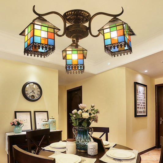 Lodge Style House Ceiling Light Stained Glass 3 Heads Semi Flush Light for Dining Room Antique Brass Clearhalo 'Ceiling Lights' 'Close To Ceiling Lights' 'Close to ceiling' 'Glass shade' 'Glass' 'Pendant Lights' 'Semi-flushmount' 'Tiffany close to ceiling' 'Tiffany' Lighting' 93045