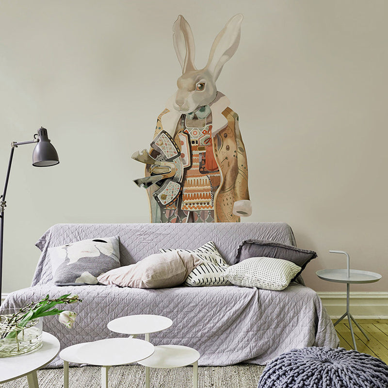 Whole Plain Background Mural Wallpaper for Kid's Bedroom Cartoon Rabbit Wall Art in Beige, Stain Resistant Clearhalo 'Wall Decor' 'Wall Mural' 930903