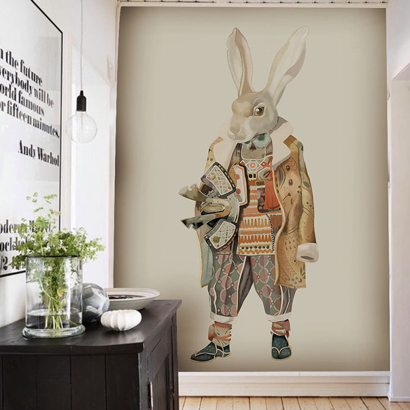 Whole Plain Background Mural Wallpaper for Kid's Bedroom Cartoon Rabbit Wall Art in Beige, Stain Resistant Clearhalo 'Wall Decor' 'Wall Mural' 930904