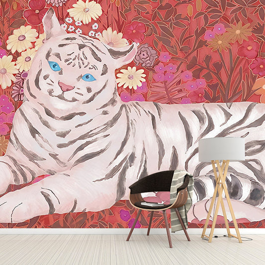 Big Illustration Contemporary Wall Covering for Living Room with Cute Tiger and Floral Design in Pink Clearhalo 'Wall Decor' 'Wall Mural' 930908