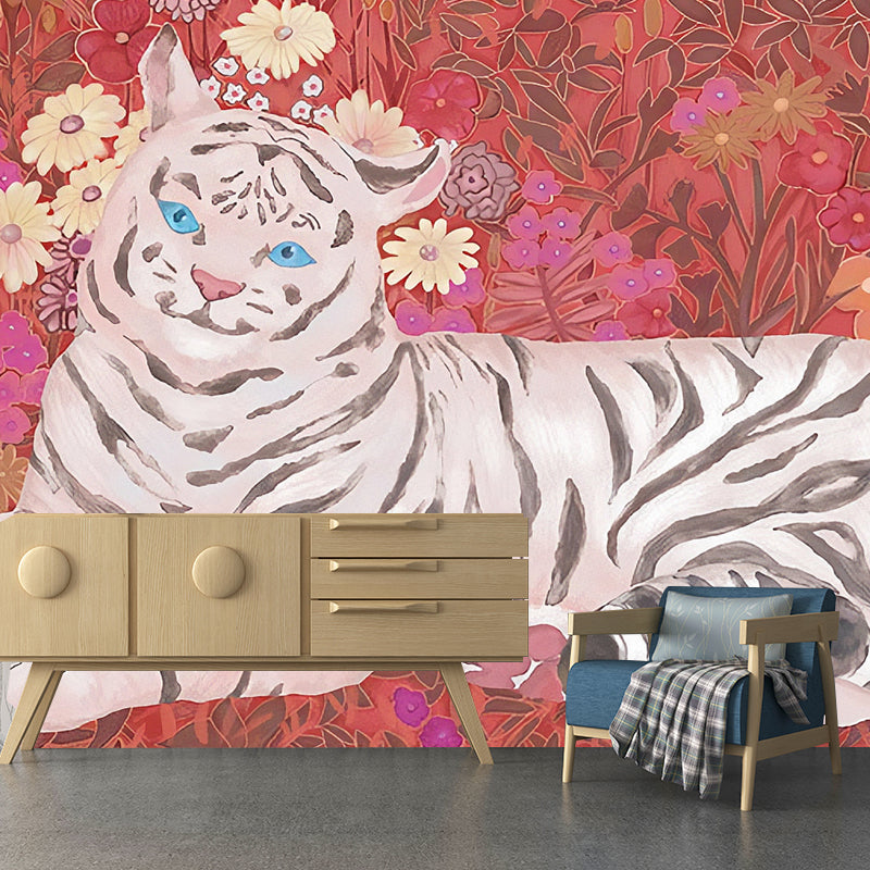 Big Illustration Contemporary Wall Covering for Living Room with Cute Tiger and Floral Design in Pink Clearhalo 'Wall Decor' 'Wall Mural' 930909