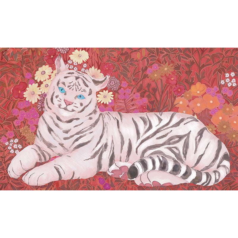 Big Illustration Contemporary Wall Covering for Living Room with Cute Tiger and Floral Design in Pink Clearhalo 'Wall Decor' 'Wall Mural' 930910