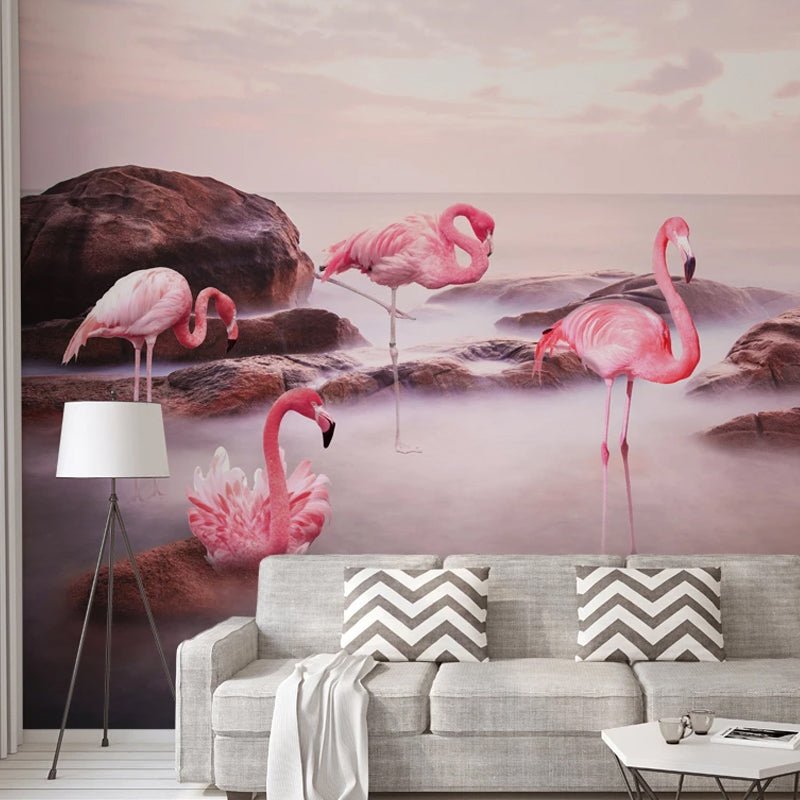 Stain-Resistant Flamingo Wall Art Non-Woven Fabric Minimalist Mural for Gallery Pink Clearhalo 'Wall Decor' 'Wall Mural' 930922