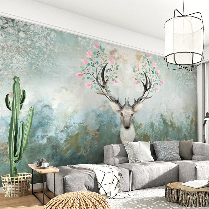 Aesthetic Deer and Forest Mural in Dark Green Living Room Wall Art, Personalized Size Available Clearhalo 'Wall Decor' 'Wall Mural' 930928