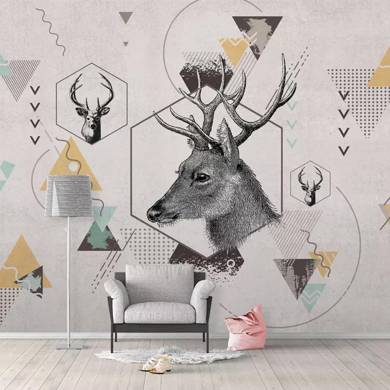 Wild Deer and Geometries Mural for Home Decor Contemporary Wall Art, Personalized Size Available Grey Clearhalo 'Wall Decor' 'Wall Mural' 930937