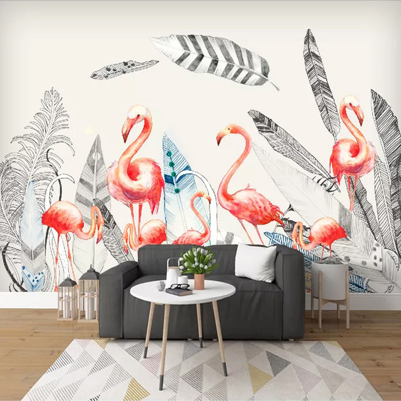 Waterproof Flamingo and Feather Mural Customized Elegant Wall Art for Accent Wall Black Gray-White Clearhalo 'Wall Decor' 'Wall Mural' 930942