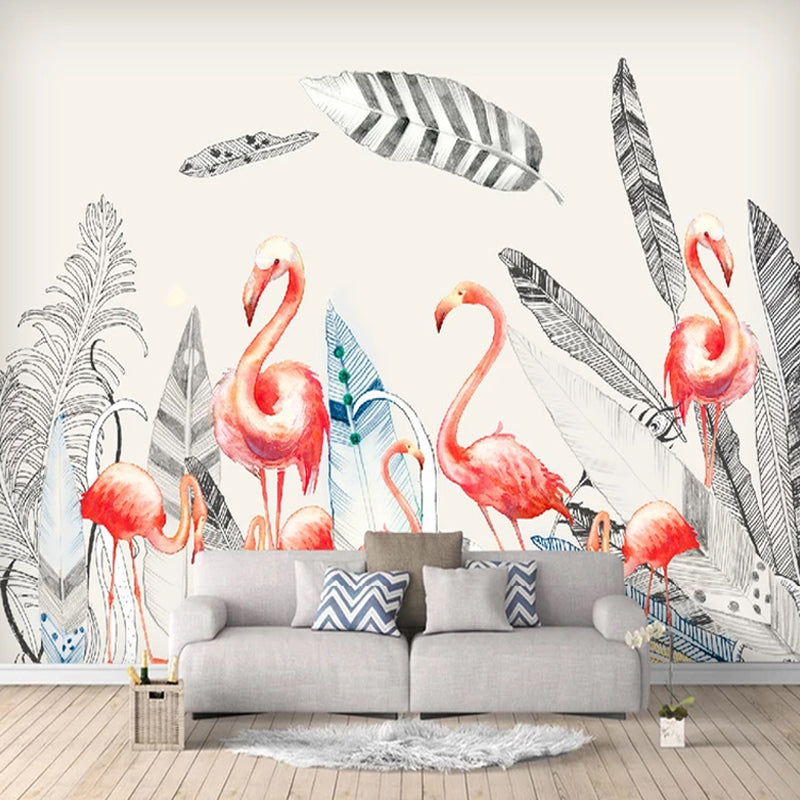 Waterproof Flamingo and Feather Mural Customized Elegant Wall Art for Accent Wall Clearhalo 'Wall Decor' 'Wall Mural' 930943