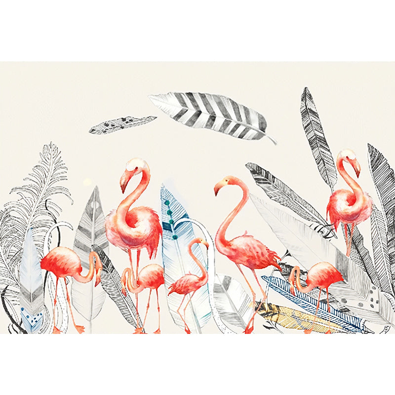 Waterproof Flamingo and Feather Mural Customized Elegant Wall Art for Accent Wall Clearhalo 'Wall Decor' 'Wall Mural' 930945