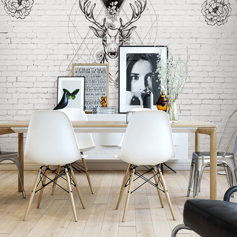 Scandinavian Mural Black and White Deer and Flower Large Wall Decor, Personalized Size Available Black-White Clearhalo 'Wall Decor' 'Wall Mural' 931058