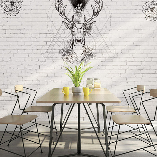 Scandinavian Mural Black and White Deer and Flower Large Wall Decor, Personalized Size Available Clearhalo 'Wall Decor' 'Wall Mural' 931059