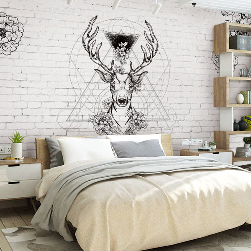 Scandinavian Mural Black and White Deer and Flower Large Wall Decor, Personalized Size Available Clearhalo 'Wall Decor' 'Wall Mural' 931061