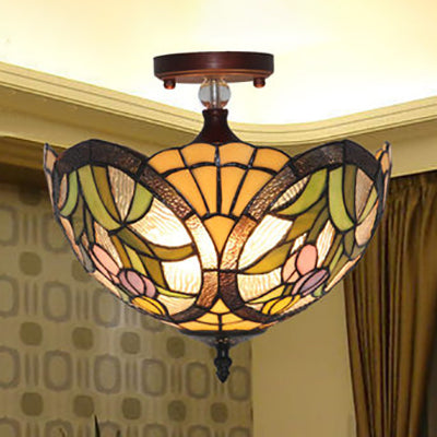 12"/16" W Bowl Semi Flushmount Victorian Tiffany Stained Glass Semi Flush Light in Blue/Blue-White/Green-Yellow for Living Room Green-Yellow Clearhalo 'Ceiling Lights' 'Chandeliers' 'Close To Ceiling Lights' 'Close to ceiling' 'Glass shade' 'Glass' 'Pendant Lights' 'Semi-flushmount' 'Tiffany close to ceiling' 'Tiffany' Lighting' 93134