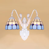 Grid Patterned Blue Glass Sconce Light Mediterranean 2 Heads White Wall Mounted Light Blue Clearhalo 'Industrial' 'Middle century wall lights' 'Tiffany wall lights' 'Tiffany' 'Wall Lamps & Sconces' 'Wall Lights' Lighting' 93245