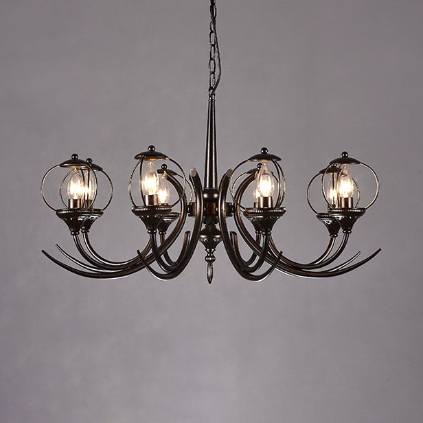 Farmhouse Wire Guard Chandelier Lighting with Curved Arm 8 Heads Iron Hanging Light Fixture in Black Black Clearhalo 'Ceiling Lights' 'Chandeliers' Lighting' options 93357_5dcfa569-2e7c-4764-bcd3-2104641c3e6f