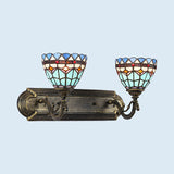 Baroque Style Bowl Vanity Lighting Stained Glass 2 Bulbs Wall Mount Light in Blue for Bathroom Clearhalo 'Industrial' 'Middle century wall lights' 'Tiffany wall lights' 'Tiffany' 'Wall Lamps & Sconces' 'Wall Lights' Lighting' 93453