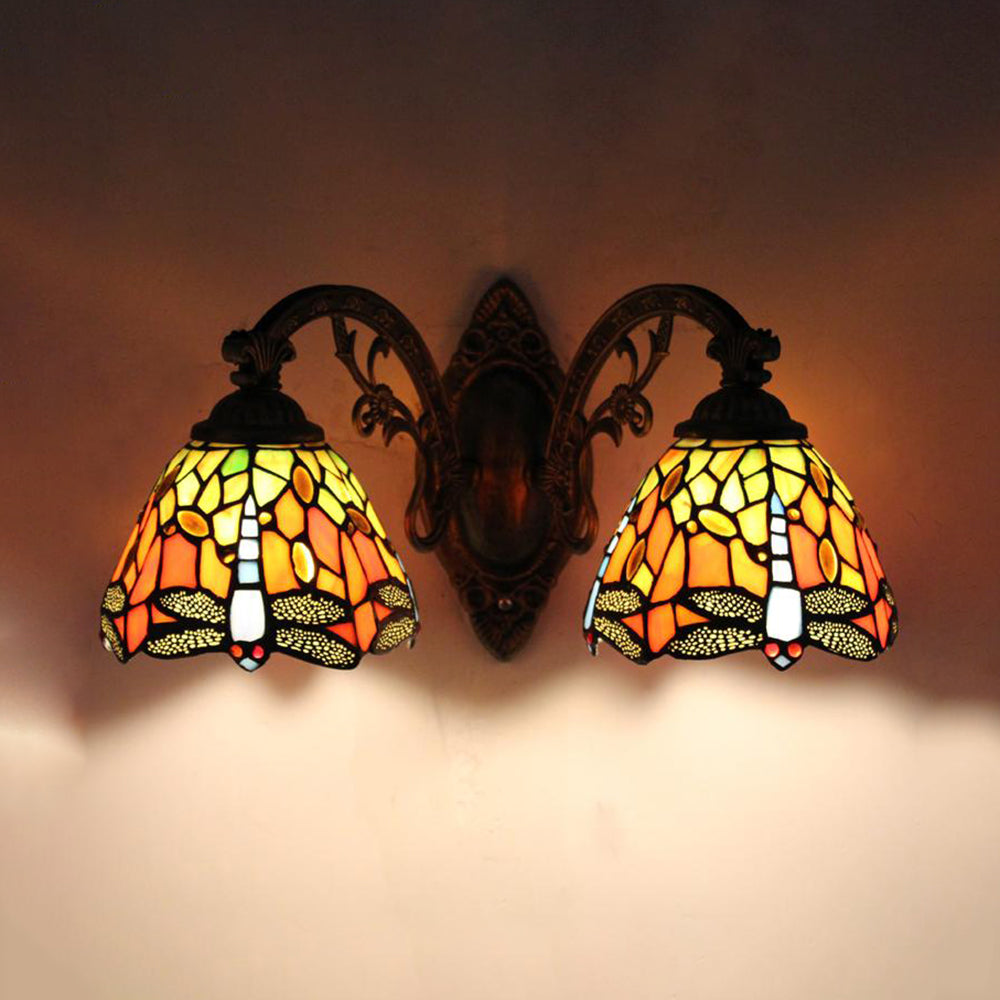 Rustic Loft Dragonfly Sconce Lamp with Curved Arm Stained Glass Double Wall Light for Bedroom Orange Clearhalo 'Industrial' 'Middle century wall lights' 'Tiffany wall lights' 'Tiffany' 'Wall Lamps & Sconces' 'Wall Lights' Lighting' 93473