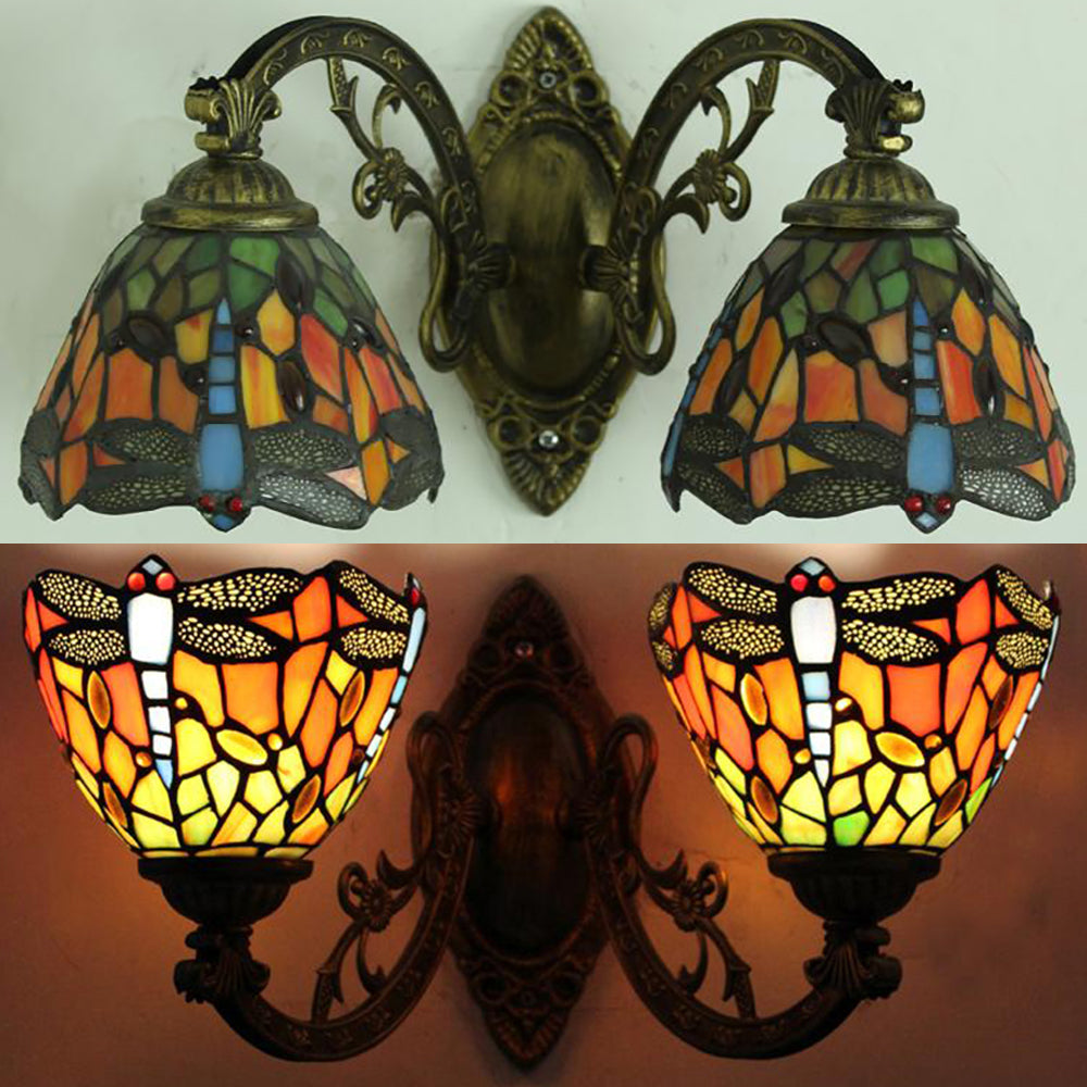 Rustic Loft Dragonfly Sconce Lamp with Curved Arm Stained Glass Double Wall Light for Bedroom Clearhalo 'Industrial' 'Middle century wall lights' 'Tiffany wall lights' 'Tiffany' 'Wall Lamps & Sconces' 'Wall Lights' Lighting' 93474