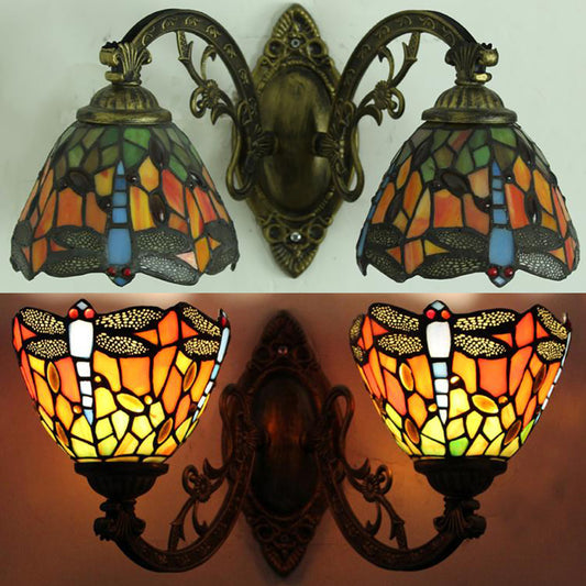 Rustic Loft Dragonfly Sconce Lamp with Curved Arm Stained Glass Double Wall Light for Bedroom Clearhalo 'Industrial' 'Middle century wall lights' 'Tiffany wall lights' 'Tiffany' 'Wall Lamps & Sconces' 'Wall Lights' Lighting' 93474
