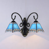 Pyramid Wall Lighting Nautical Tiffany Blue Glass 2 Lights Wall Sconce Light in Blue for Bathroom Blue Clearhalo 'Industrial' 'Middle century wall lights' 'Tiffany wall lights' 'Tiffany' 'Wall Lamps & Sconces' 'Wall Lights' Lighting' 93517