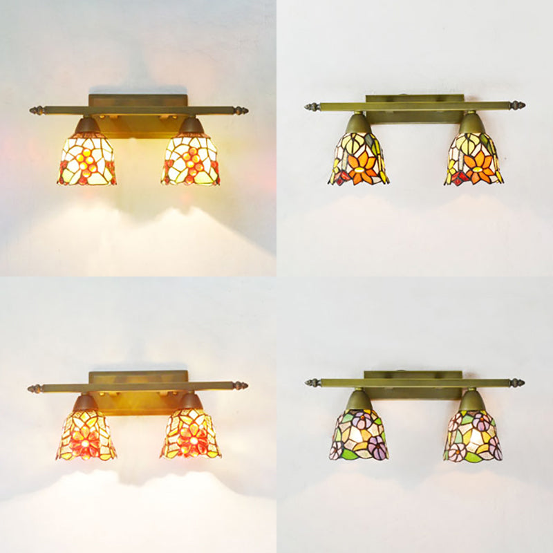 Lodge Style Dome Sconce Lighting with Sunflower/Grape/Yellow Flower/Morning Glory Stained Glass 2 Lights Bathroom Vanity Light in Brass Clearhalo 'Industrial' 'Middle century wall lights' 'Tiffany wall lights' 'Tiffany' 'Wall Lamps & Sconces' 'Wall Lights' Lighting' 93646