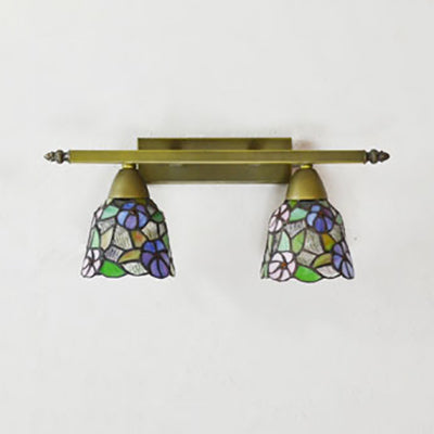 Lodge Style Dome Sconce Lighting with Sunflower/Grape/Yellow Flower/Morning Glory Stained Glass 2 Lights Bathroom Vanity Light in Brass Clearhalo 'Industrial' 'Middle century wall lights' 'Tiffany wall lights' 'Tiffany' 'Wall Lamps & Sconces' 'Wall Lights' Lighting' 93648