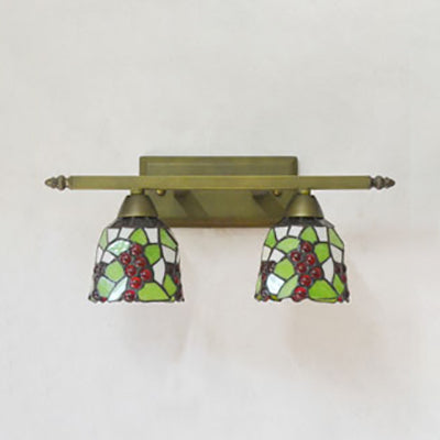 Lodge Style Dome Sconce Lighting with Sunflower/Grape/Yellow Flower/Morning Glory Stained Glass 2 Lights Bathroom Vanity Light in Brass Clearhalo 'Industrial' 'Middle century wall lights' 'Tiffany wall lights' 'Tiffany' 'Wall Lamps & Sconces' 'Wall Lights' Lighting' 93652