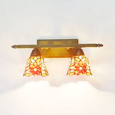 Lodge Style Dome Sconce Lighting with Sunflower/Grape/Yellow Flower/Morning Glory Stained Glass 2 Lights Bathroom Vanity Light in Brass Brass Sunflower Clearhalo 'Industrial' 'Middle century wall lights' 'Tiffany wall lights' 'Tiffany' 'Wall Lamps & Sconces' 'Wall Lights' Lighting' 93653