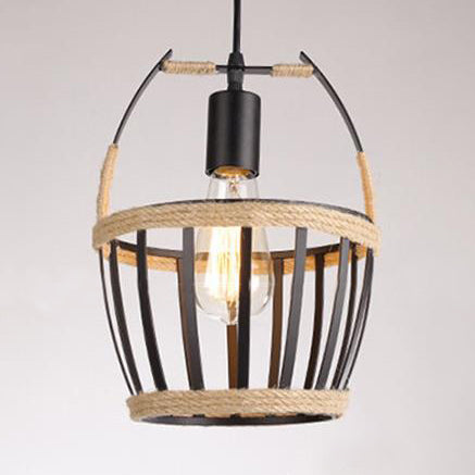 Metal Bucket Cage Hanging Ceiling Light Country 1 Light Restaurant Pendant Lighting with Rope Detail in Black Clearhalo 'Art Deco Pendants' 'Black' 'Cast Iron' 'Ceiling Lights' 'Ceramic' 'Crystal' 'Industrial Pendants' 'Industrial' 'Metal' 'Middle Century Pendants' 'Pendant Lights' 'Pendants' 'Rustic Pendants' 'Tiffany' Lighting' 93672