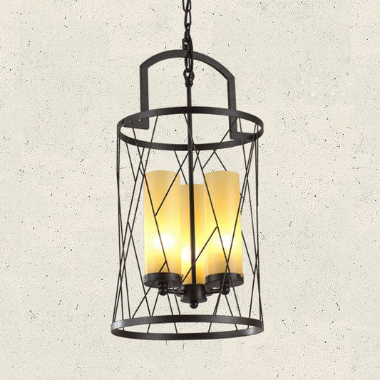 Cylinder Glass Shade Hanging Light with Wire Frame Industrial 3 Heads Restaurant Pendant Lamp in Black Black Clearhalo 'Cast Iron' 'Ceiling Lights' 'Chandeliers' 'Industrial Chandeliers' 'Industrial' 'Metal' 'Middle Century Chandeliers' 'Rustic Chandeliers' 'Tiffany' Lighting' 93791