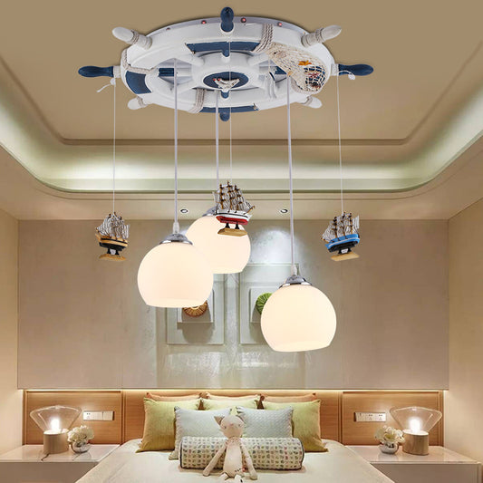 Anchor Bedroom Hanging Lights Glass 3 Bulbs Cartoon Hanging Pendant Light Fixture in White Clearhalo 'Ceiling Lights' 'Pendant Lights' 'Pendants' Lighting' 93967