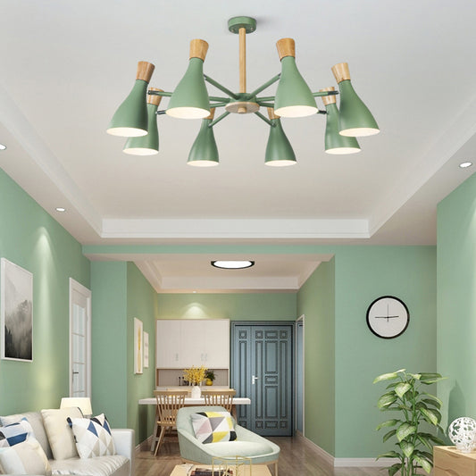 Metal Wooden Horn Shape Hanging Ceiling Lamp 8 Bulbs Hanging Chandelier in Green for Living Room Clearhalo 'Ceiling Lights' 'Chandeliers' Lighting' options 94046