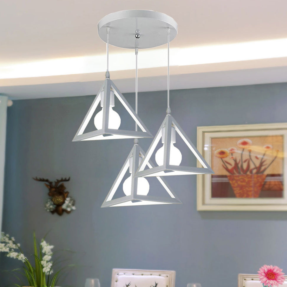 3 Heads Hanging Lamp Retro Industrial Triangle Metallic Pendant Lighting with Wire Guard and Linear/Round Canopy in Black/White White Round Clearhalo 'Ceiling Lights' 'Modern Pendants' 'Modern' 'Pendant Lights' 'Pendants' Lighting' 94286