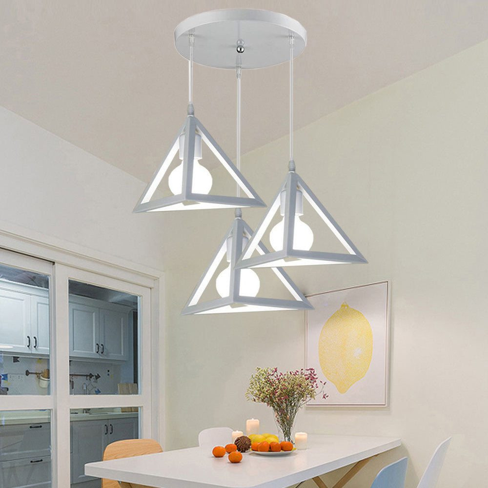 3 Heads Hanging Lamp Retro Industrial Triangle Metallic Pendant Lighting with Wire Guard and Linear/Round Canopy in Black/White Clearhalo 'Ceiling Lights' 'Modern Pendants' 'Modern' 'Pendant Lights' 'Pendants' Lighting' 94287