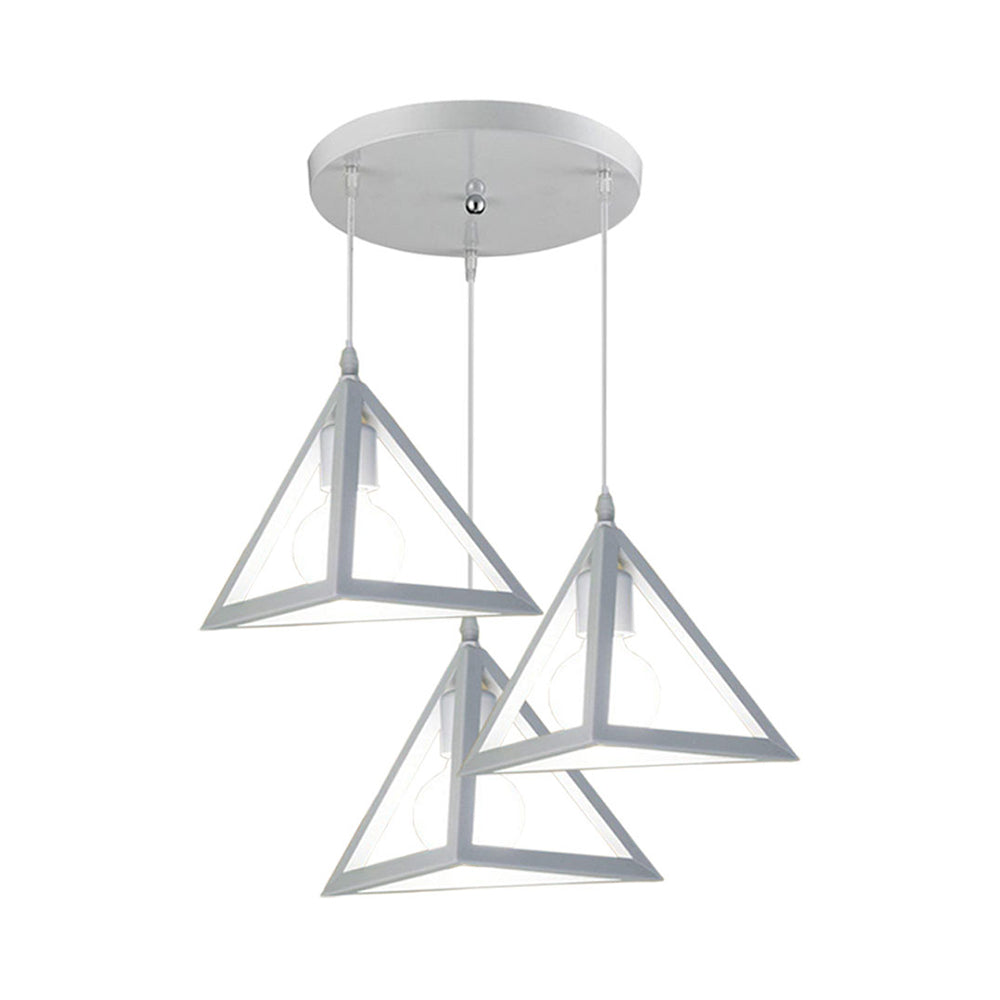 3 Heads Hanging Lamp Retro Industrial Triangle Metallic Pendant Lighting with Wire Guard and Linear/Round Canopy in Black/White Clearhalo 'Ceiling Lights' 'Modern Pendants' 'Modern' 'Pendant Lights' 'Pendants' Lighting' 94288