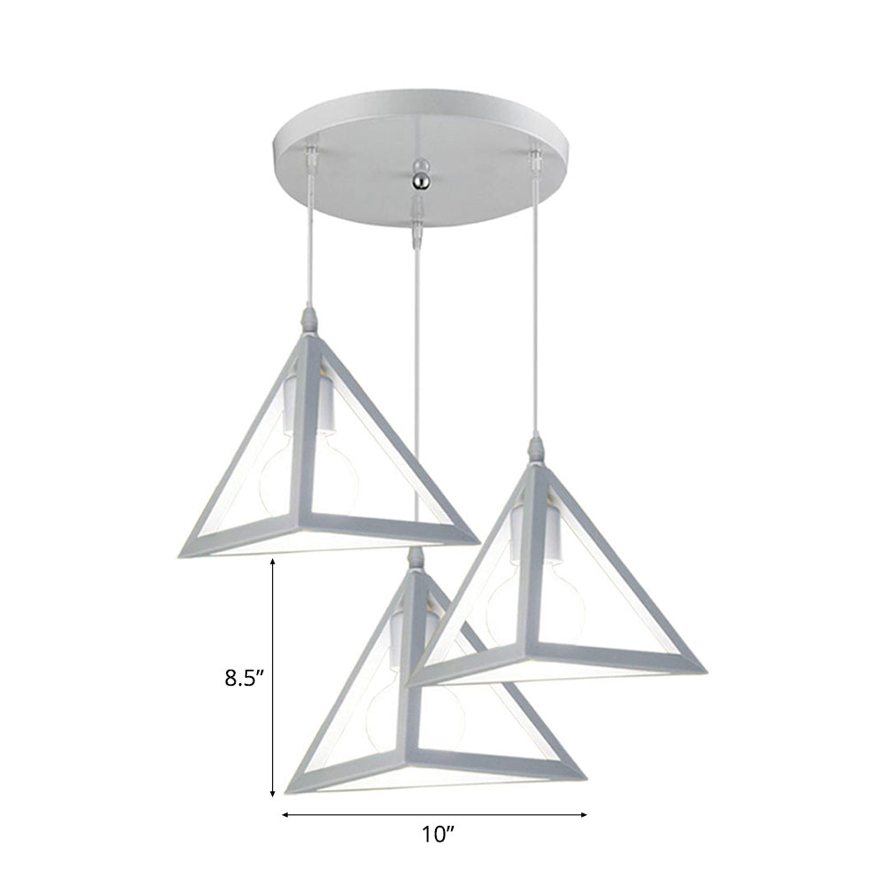 3 Heads Hanging Lamp Retro Industrial Triangle Metallic Pendant Lighting with Wire Guard and Linear/Round Canopy in Black/White Clearhalo 'Ceiling Lights' 'Modern Pendants' 'Modern' 'Pendant Lights' 'Pendants' Lighting' 94289