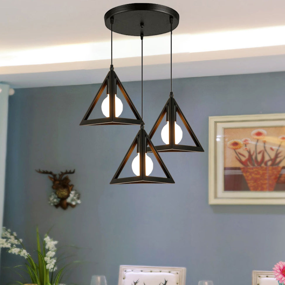 3 Heads Hanging Lamp Retro Industrial Triangle Metallic Pendant Lighting with Wire Guard and Linear/Round Canopy in Black/White Black Round Clearhalo 'Ceiling Lights' 'Modern Pendants' 'Modern' 'Pendant Lights' 'Pendants' Lighting' 94290