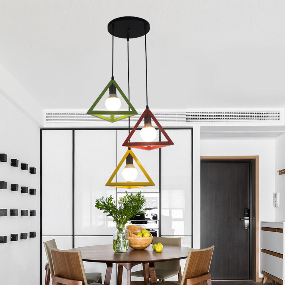 3 Heads Hanging Lamp Retro Industrial Triangle Metallic Pendant Lighting with Wire Guard and Linear/Round Canopy in Black/White Red-Yellow-Green Round Clearhalo 'Ceiling Lights' 'Modern Pendants' 'Modern' 'Pendant Lights' 'Pendants' Lighting' 94292