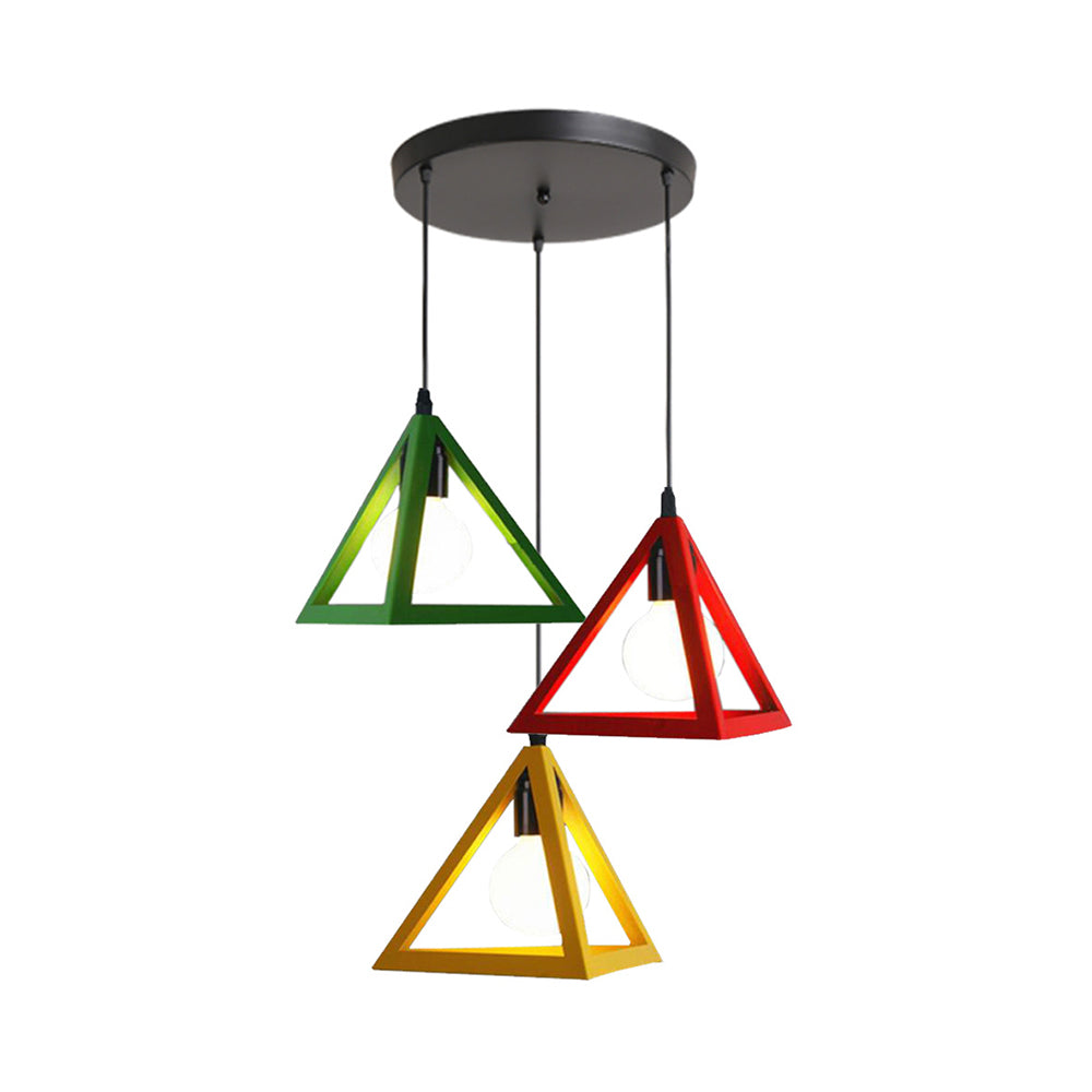 3 Heads Hanging Lamp Retro Industrial Triangle Metallic Pendant Lighting with Wire Guard and Linear/Round Canopy in Black/White Clearhalo 'Ceiling Lights' 'Modern Pendants' 'Modern' 'Pendant Lights' 'Pendants' Lighting' 94293