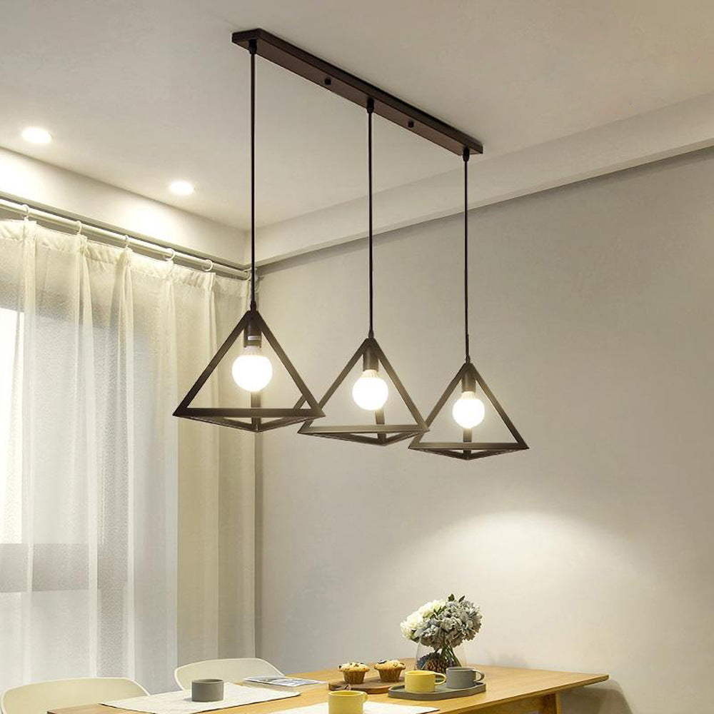 3 Heads Hanging Lamp Retro Industrial Triangle Metallic Pendant Lighting with Wire Guard and Linear/Round Canopy in Black/White Black Linear Clearhalo 'Ceiling Lights' 'Modern Pendants' 'Modern' 'Pendant Lights' 'Pendants' Lighting' 94294